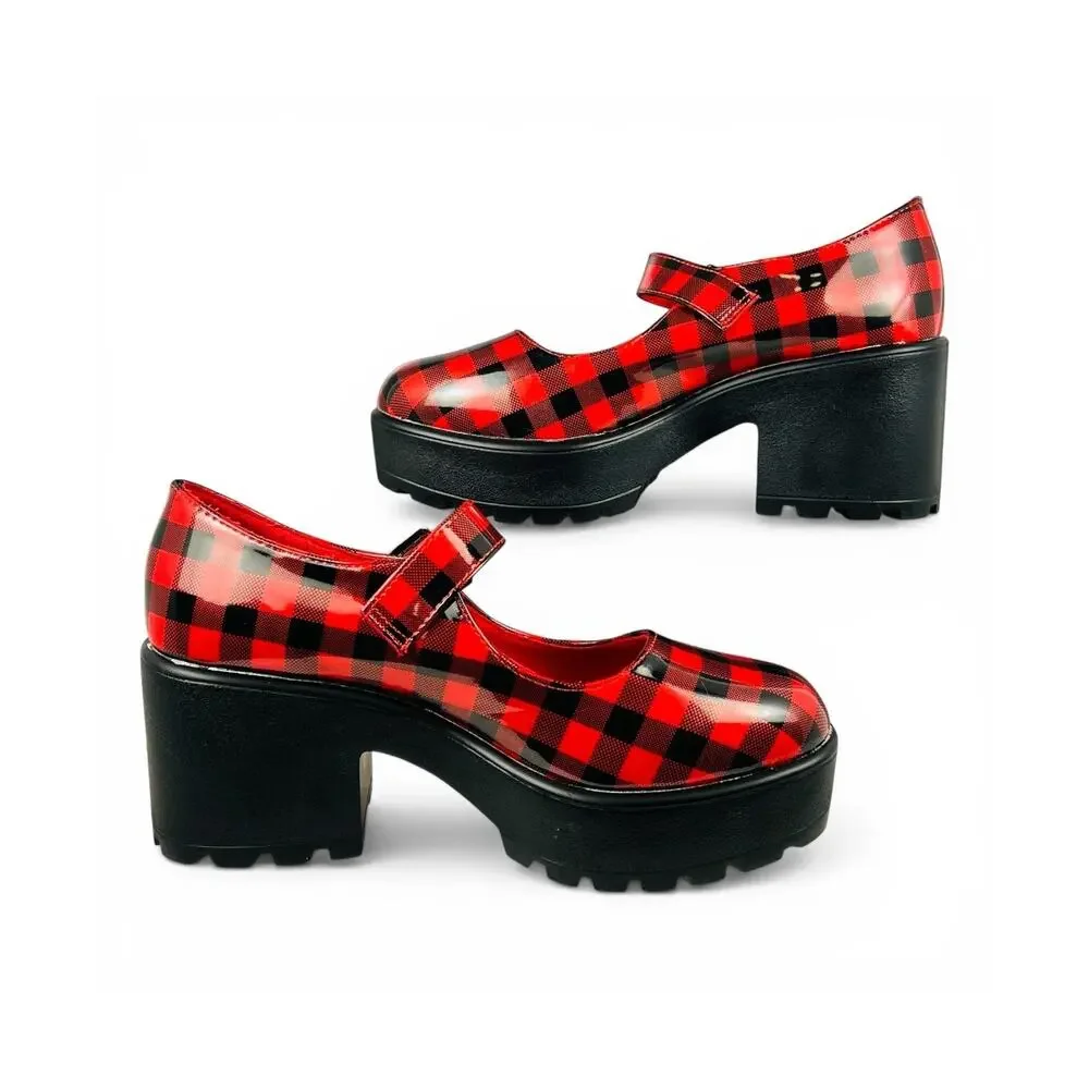 Koi Footwear Red Black Plaid Platform Mary Jane Chunky Lug Heel Size EU 36